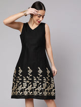 Black Midi Dress with Gota Embroidery - Elganza