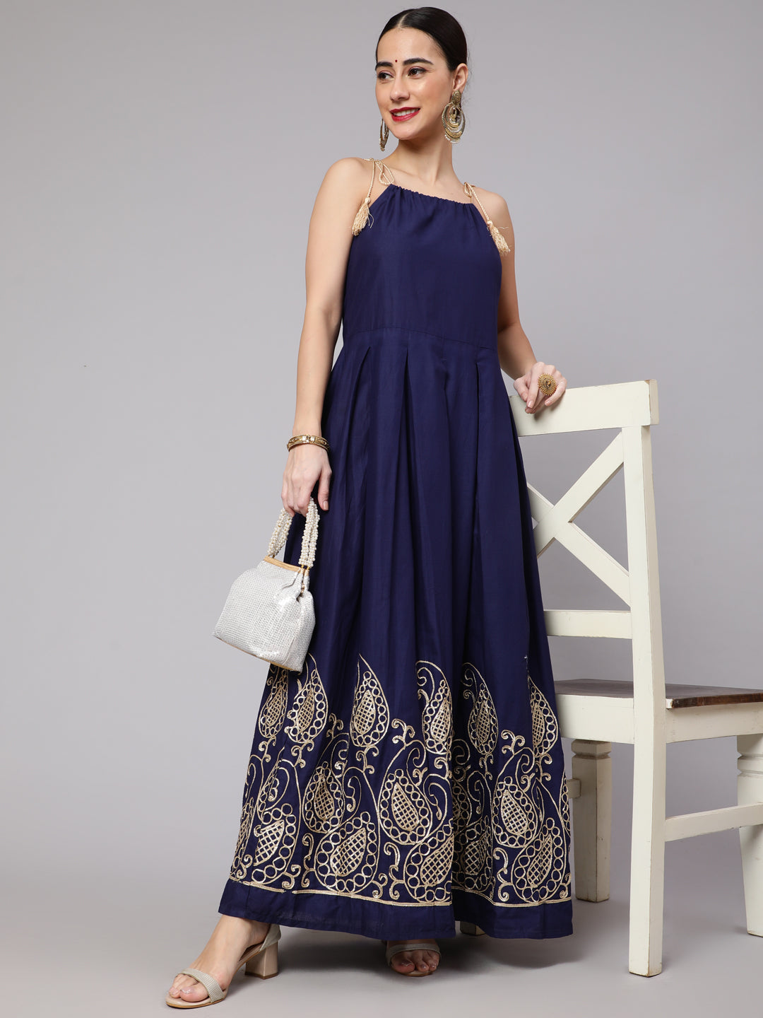 Navy Blue Embroidered Maxi Dress - Elganza