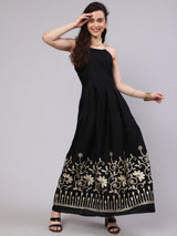 Black Floral Embroidered Maxi Dress - Elganza