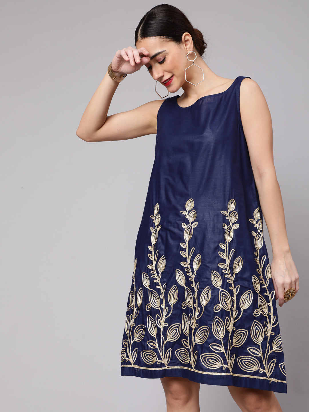 Navy Blue Embroidered Shift Dress - Elganza