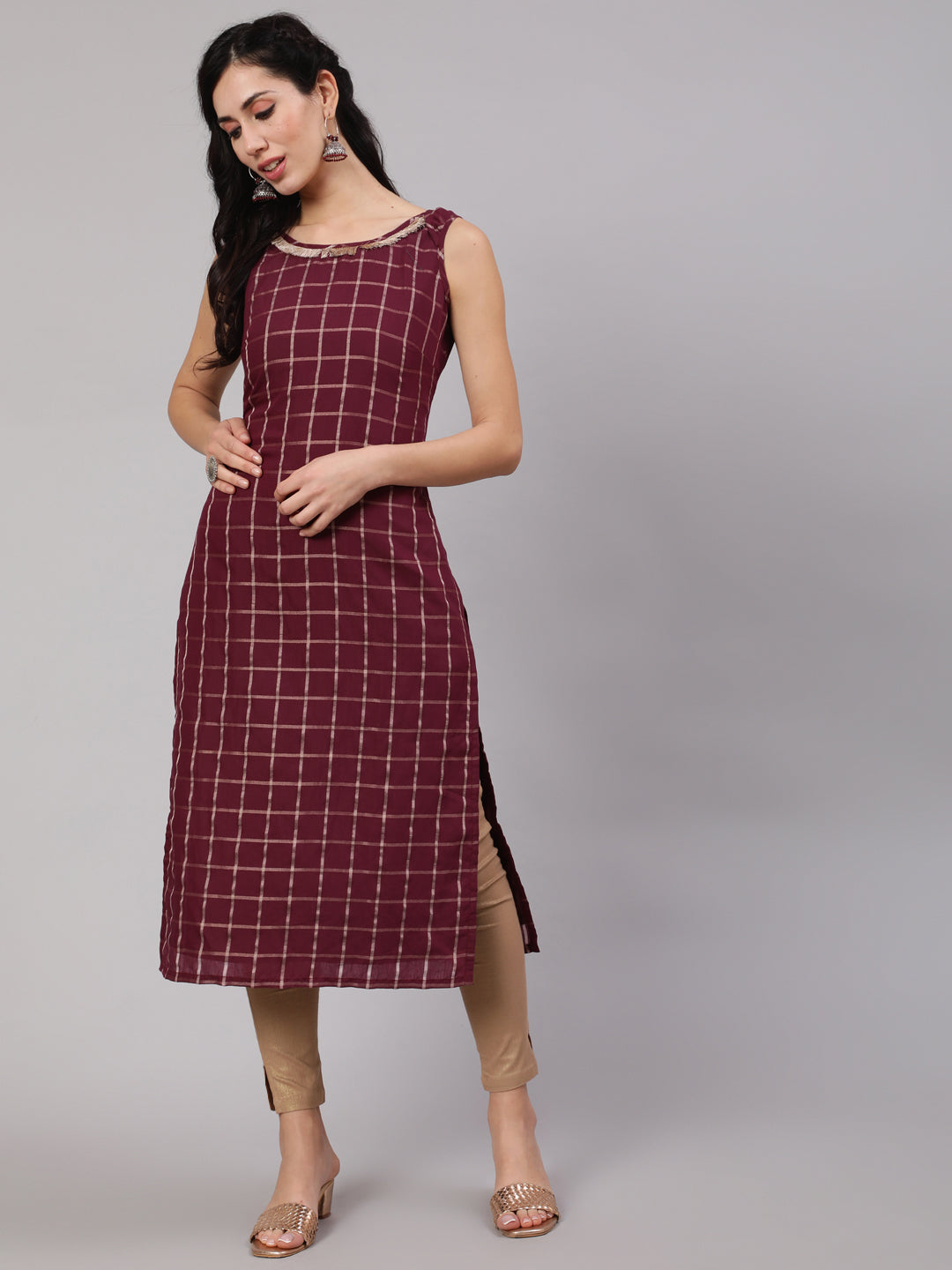 Burgundy Checked Kurta With Lace Details - Elganza