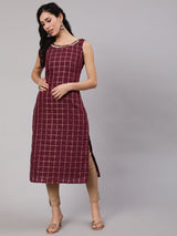 Burgundy Checked Kurta With Lace Details - Elganza