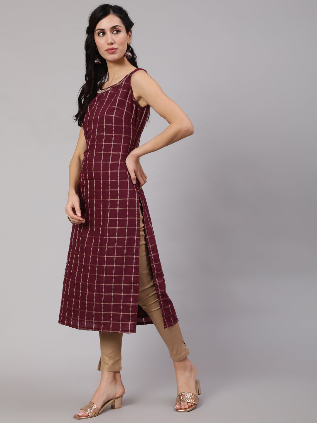 Burgundy Checked Kurta With Lace Details - Elganza
