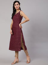 Burgundy Checked Kurta With Lace Details - Elganza