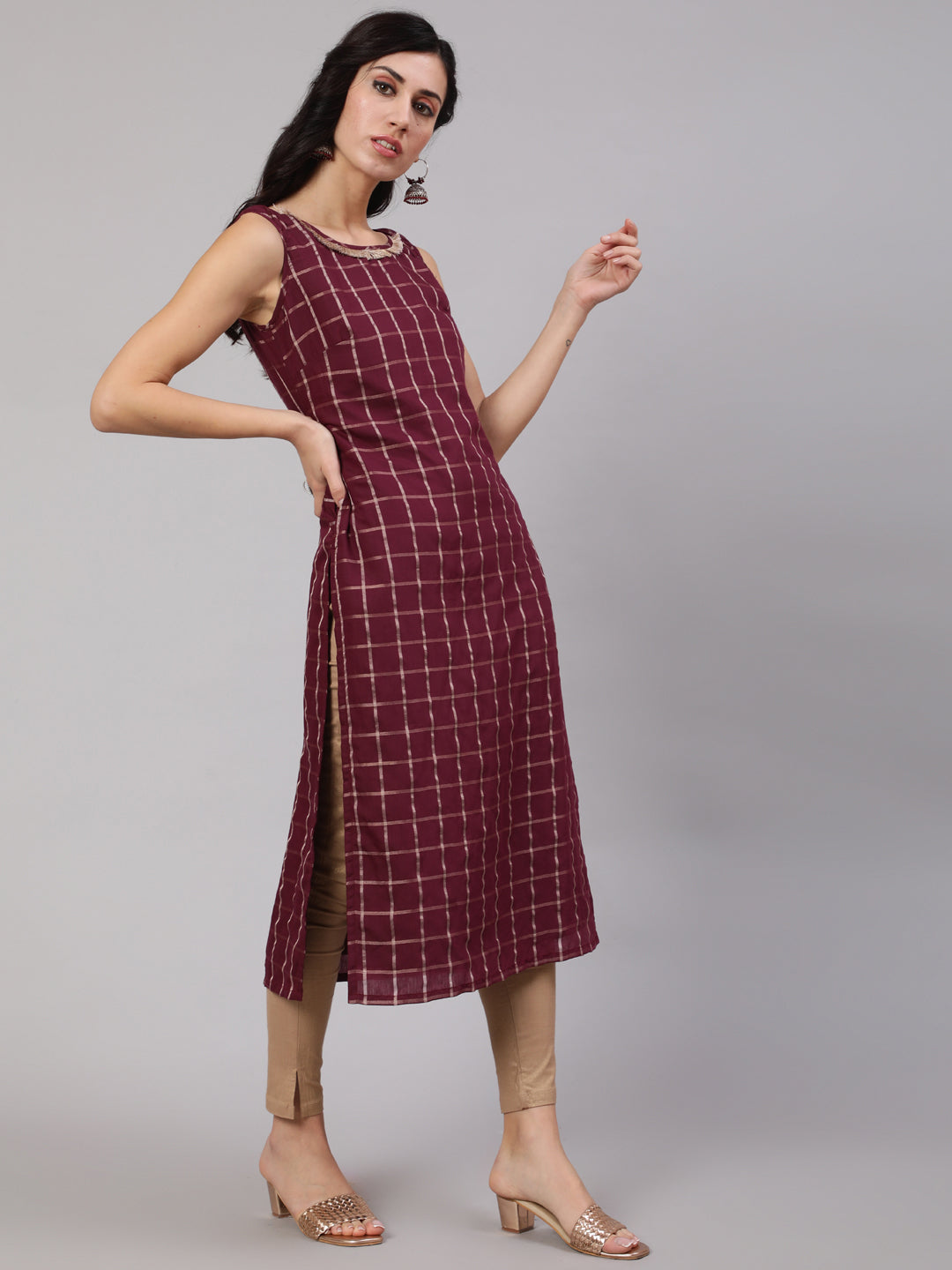 Burgundy Checked Kurta With Lace Details - Elganza