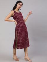 Burgundy Checked Kurta With Lace Details - Elganza