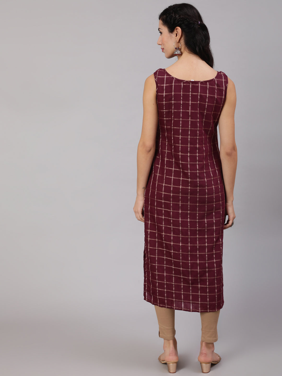 Burgundy Checked Kurta With Lace Details - Elganza