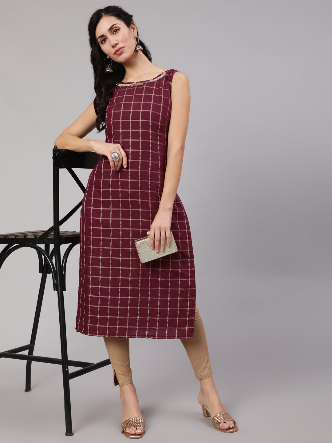 Burgundy Checked Kurta With Lace Details - Elganza