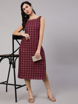 Burgundy Checked Kurta With Lace Details - Elganza