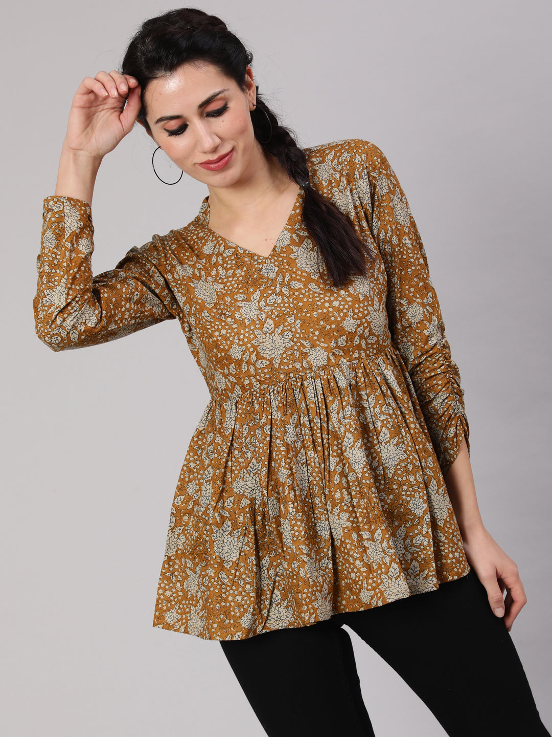 Mustard Floral Printed Gathered Tunic - Elganza