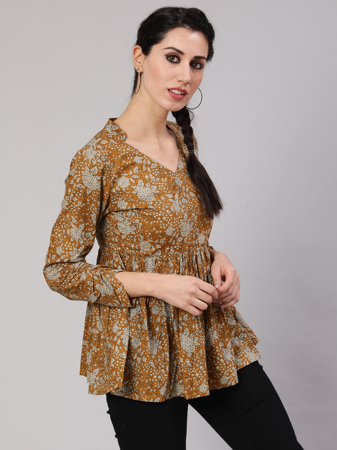 Mustard Floral Printed Gathered Tunic - Elganza