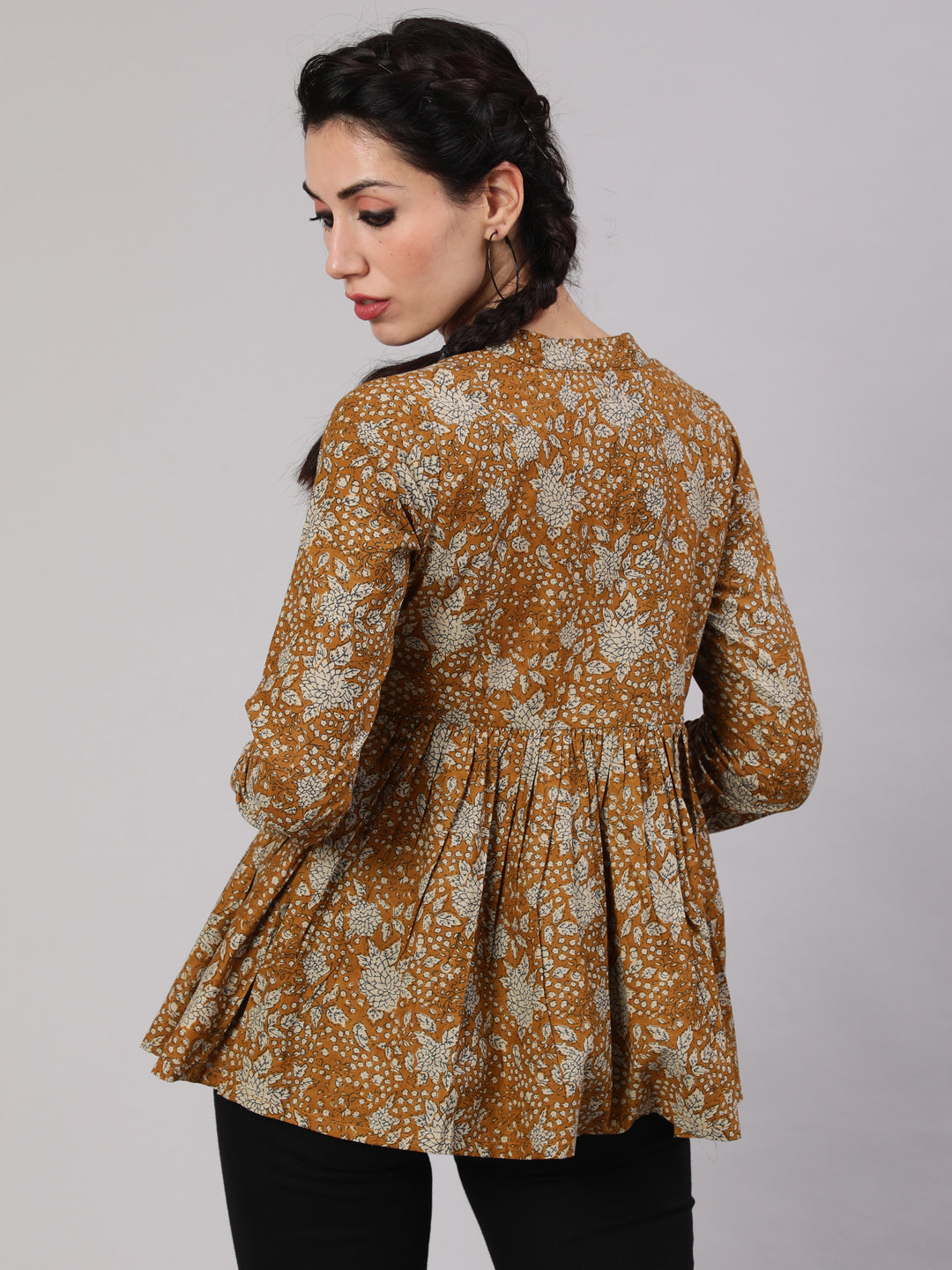 Mustard Floral Printed Gathered Tunic - Elganza