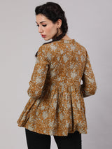 Mustard Floral Printed Gathered Tunic - Elganza