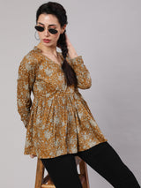 Mustard Floral Printed Gathered Tunic - Elganza