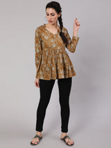 Mustard Floral Printed Gathered Tunic - Elganza