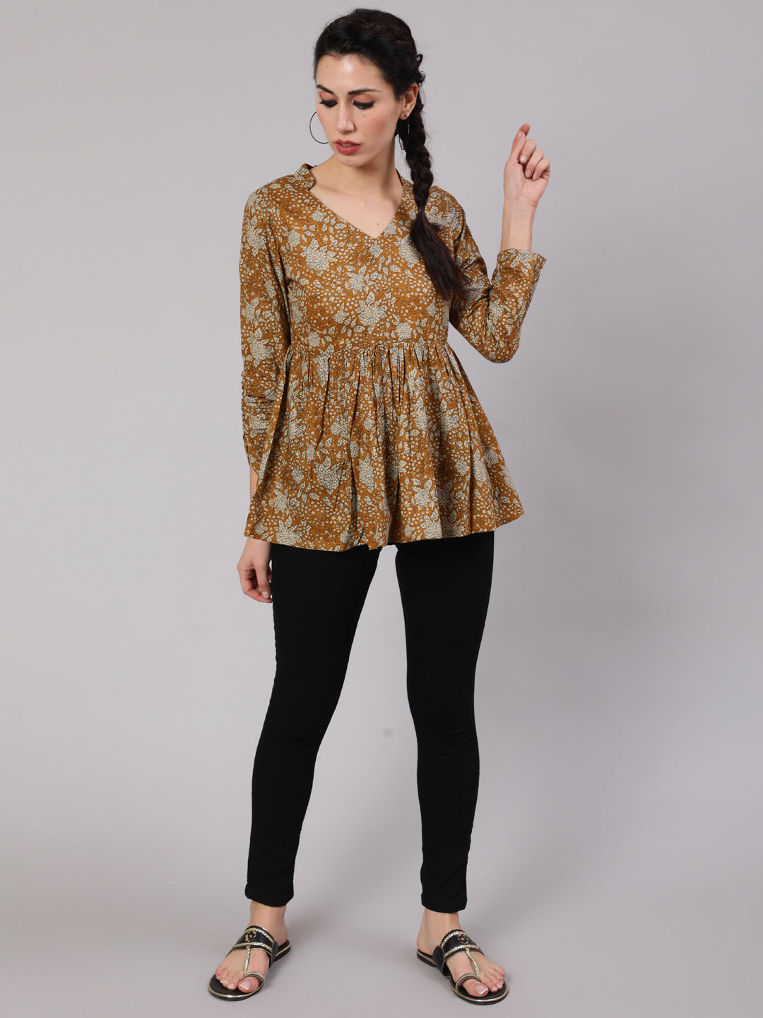 Mustard Floral Printed Gathered Tunic - Elganza