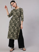 Green Floral Print Straight Kantha Work Kurta - Elganza
