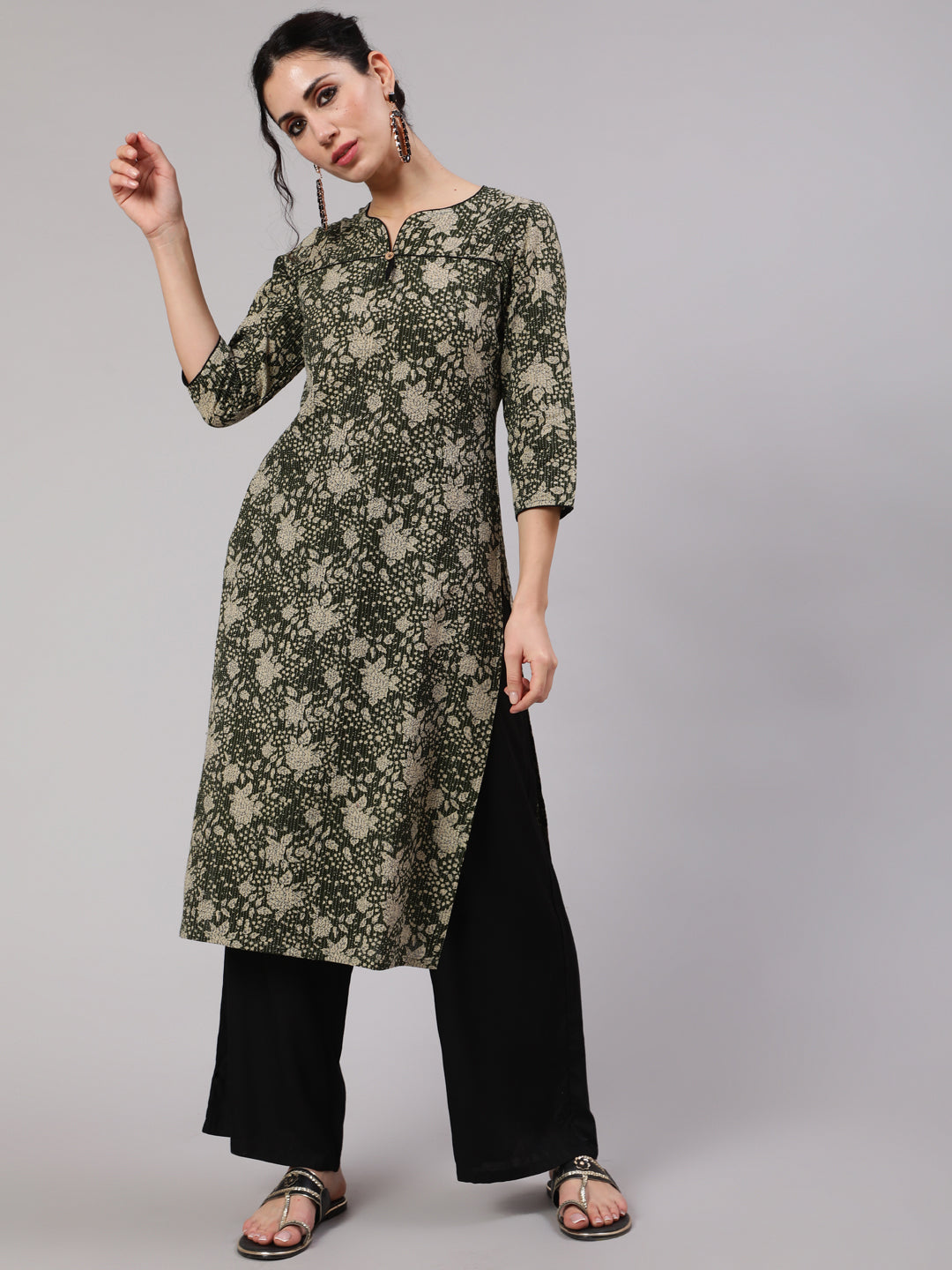 Green Floral Print Straight Kantha Work Kurta - Elganza
