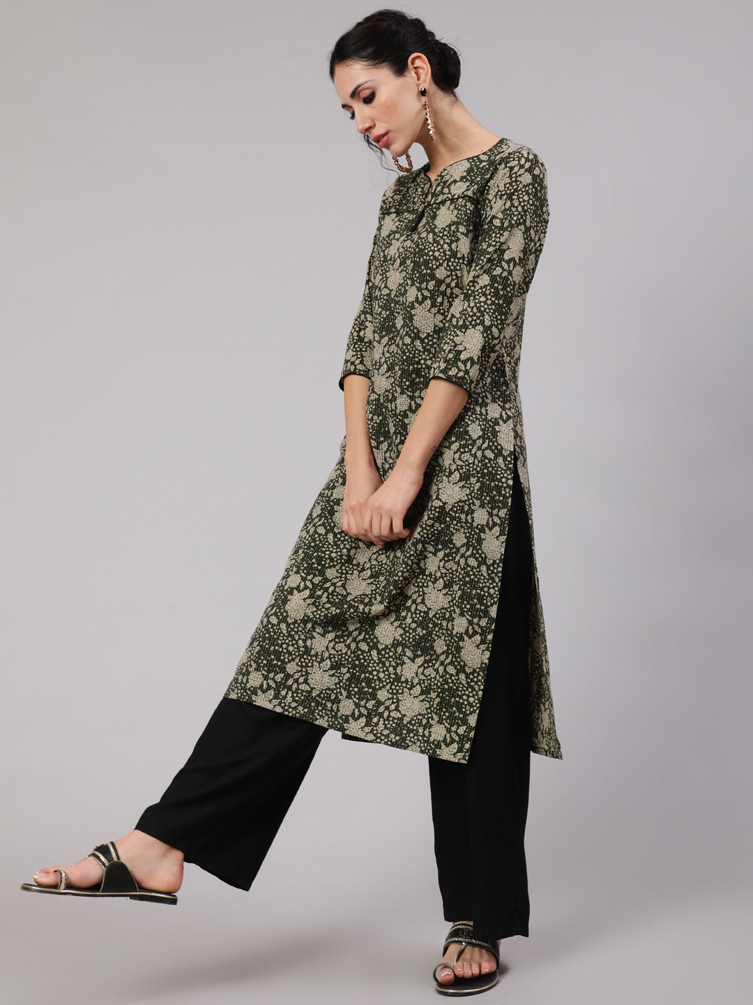 Green Floral Print Straight Kantha Work Kurta - Elganza