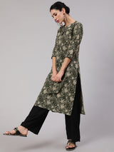 Green Floral Print Straight Kantha Work Kurta - Elganza