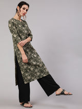 Green Floral Print Straight Kantha Work Kurta - Elganza