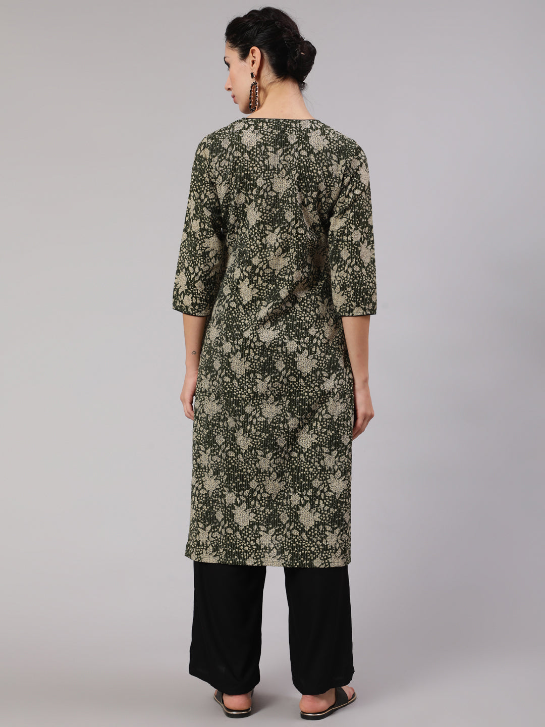 Green Floral Print Straight Kantha Work Kurta - Elganza