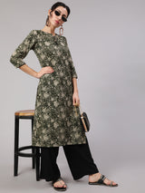 Green Floral Print Straight Kantha Work Kurta - Elganza