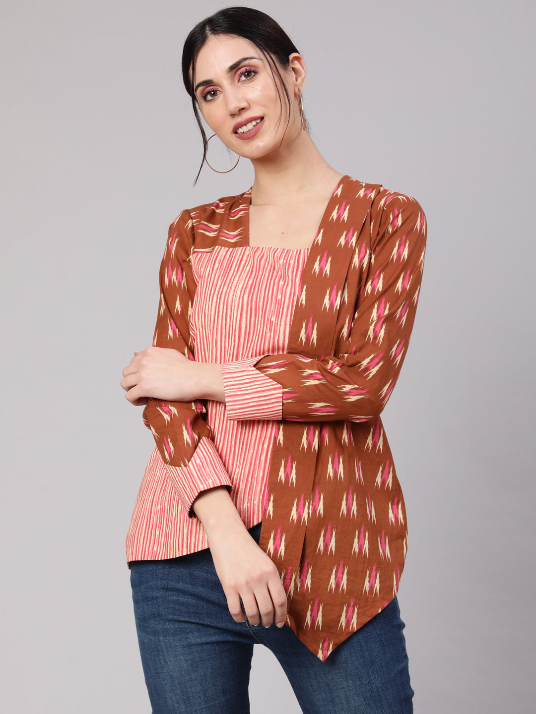 Brown Ikat Print Layered Top - Elganza