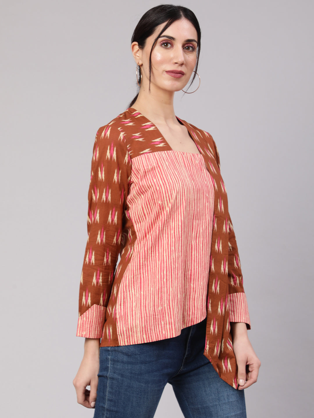 Brown Ikat Print Layered Top - Elganza