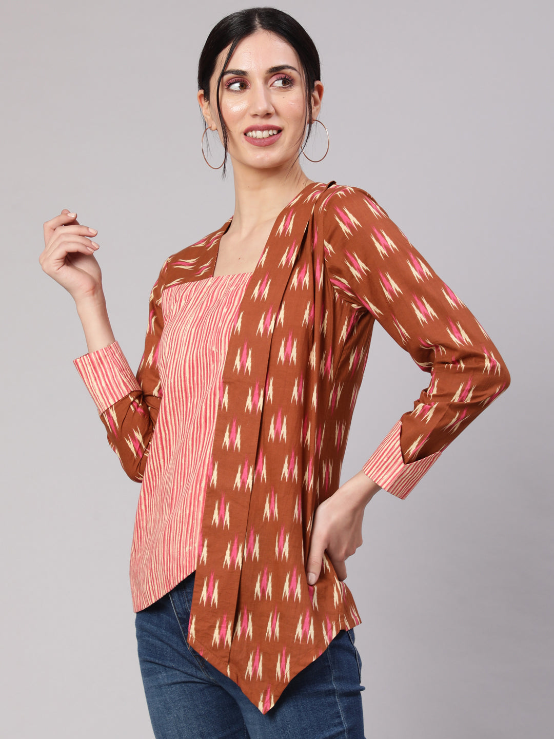 Brown Ikat Print Layered Top - Elganza