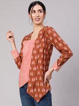 Brown Ikat Print Layered Top - Elganza