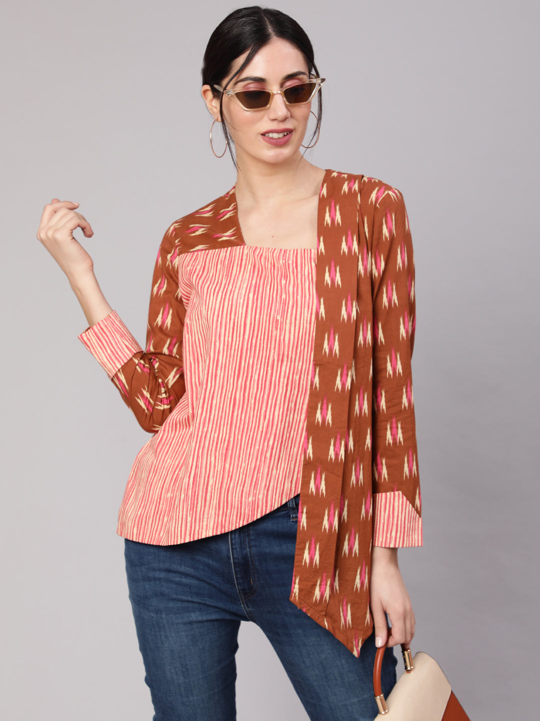 Brown Ikat Print Layered Top - Elganza