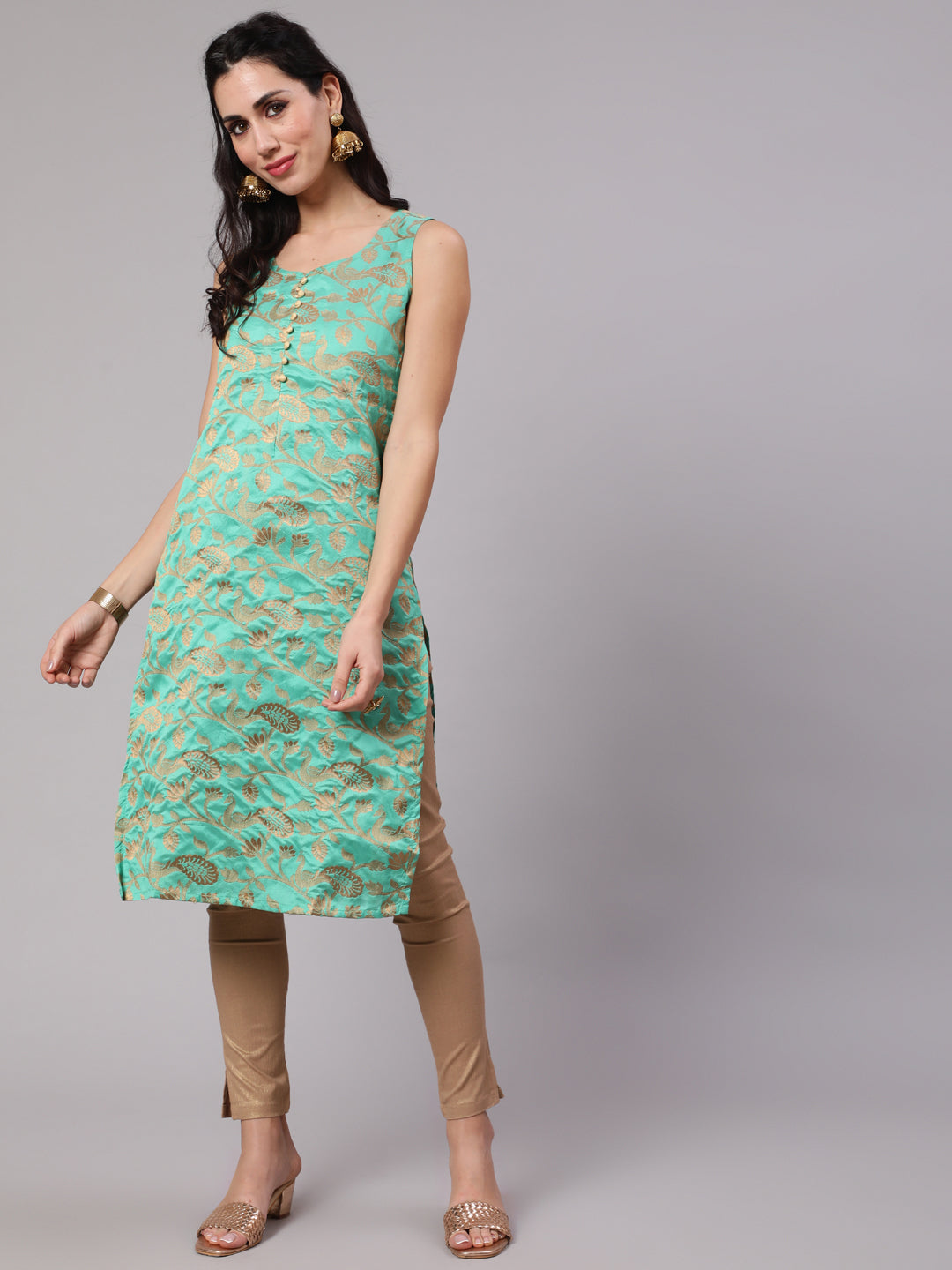 Green Jacquard Zari Work Kurta - Elganza