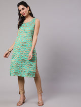 Green Jacquard Zari Work Kurta - Elganza