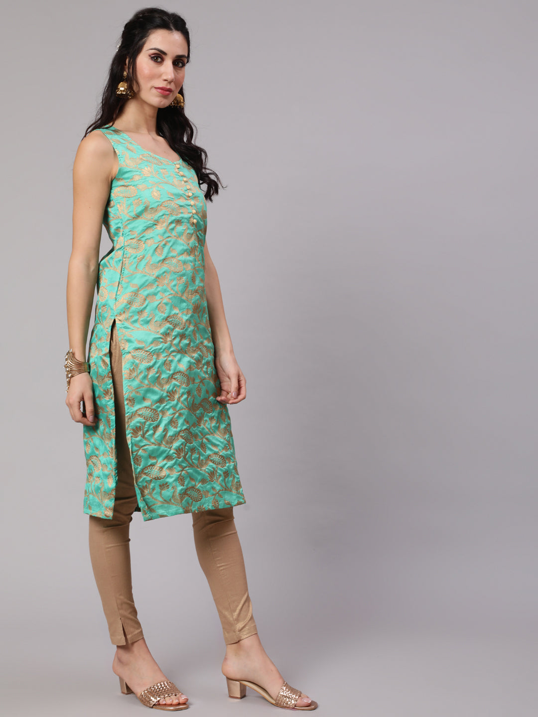 Green Jacquard Zari Work Kurta - Elganza