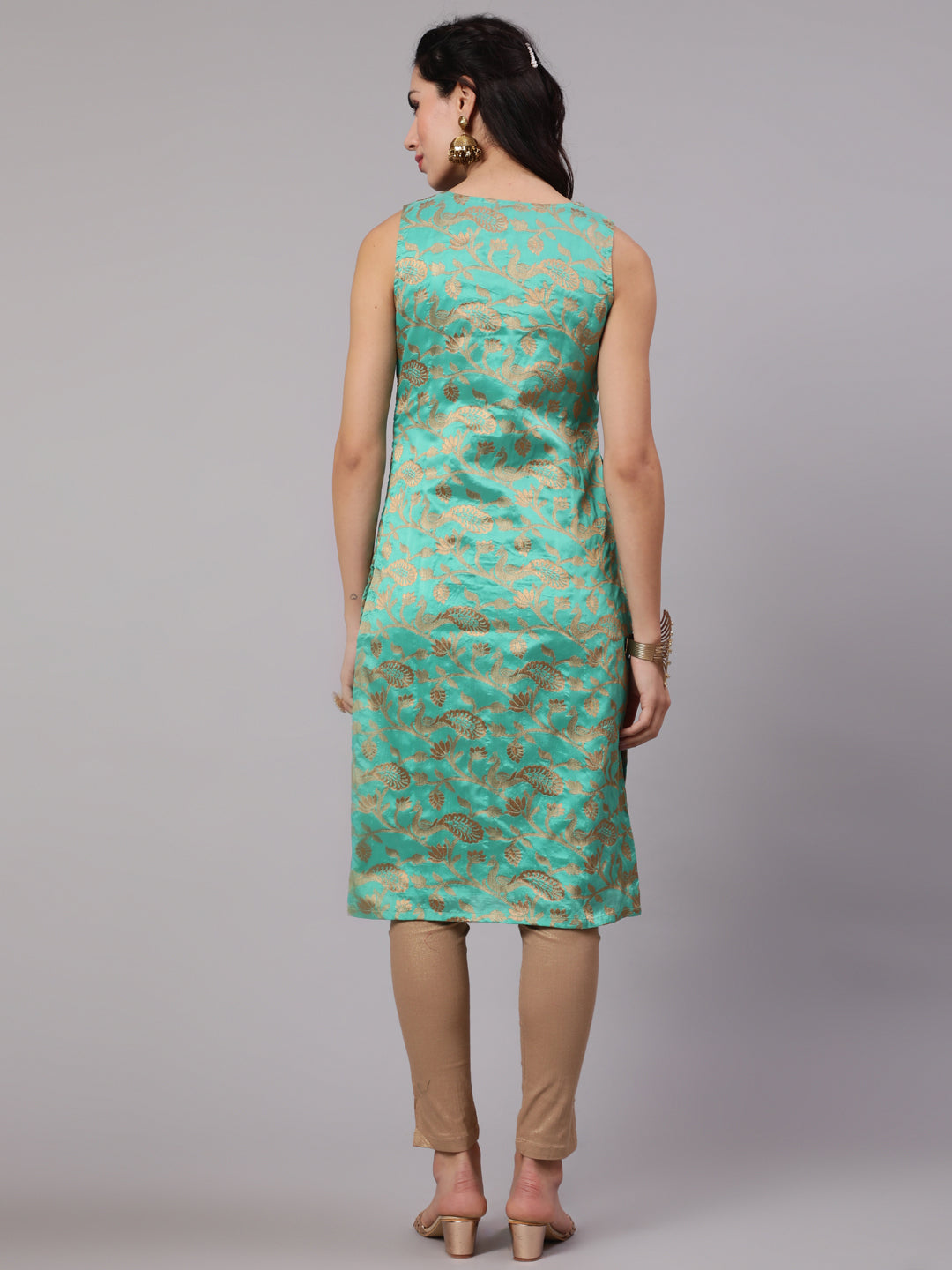Green Jacquard Zari Work Kurta - Elganza