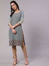 Grey & Blue Printed Kurta - Elganza