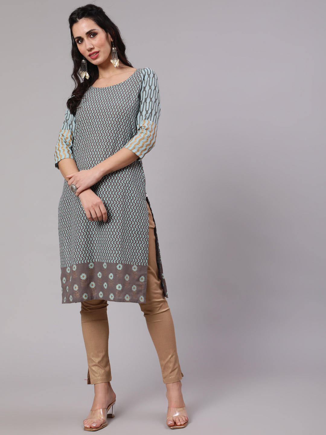 Grey & Blue Printed Kurta - Elganza