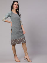 Grey & Blue Printed Kurta - Elganza