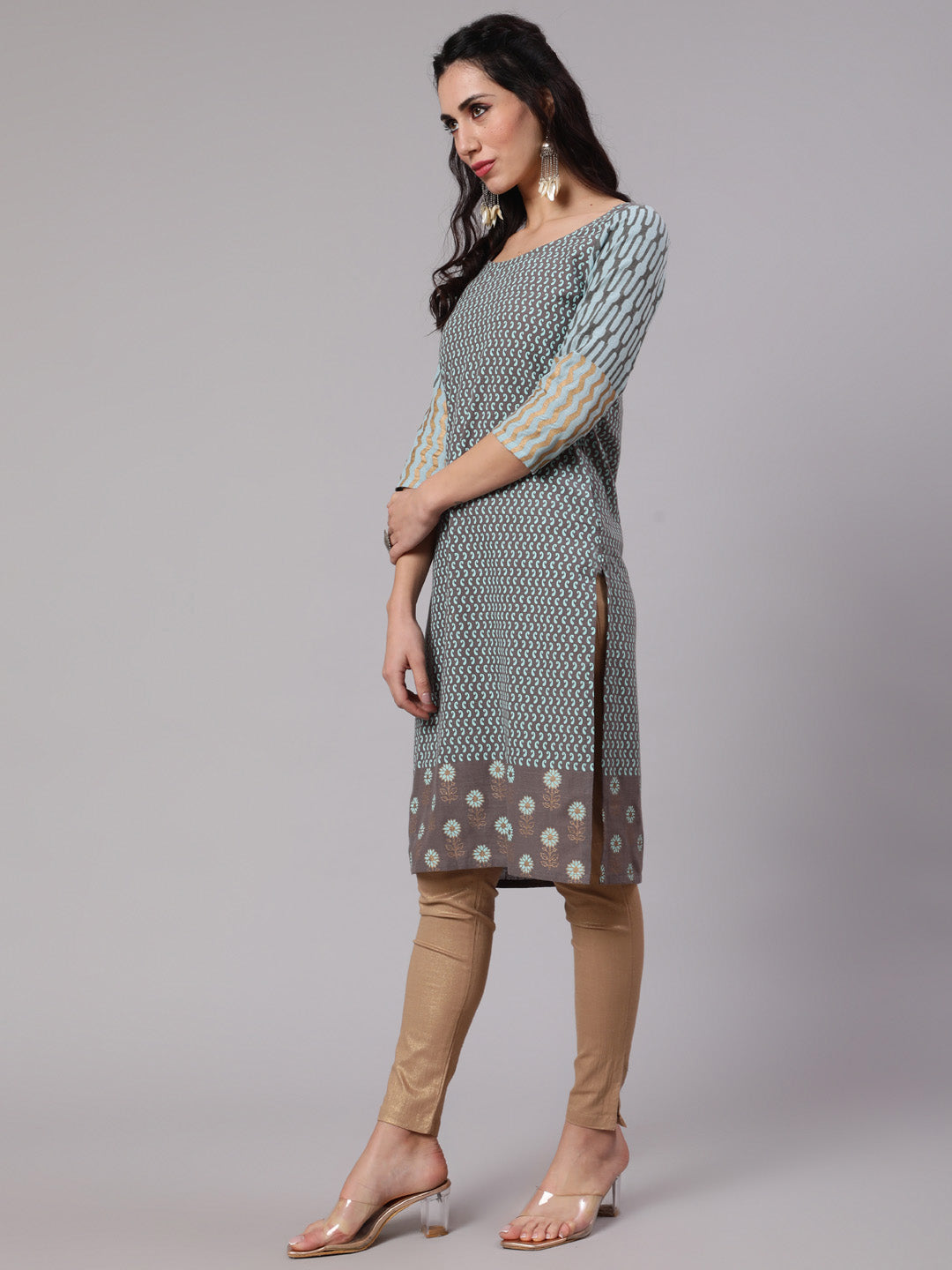 Grey & Blue Printed Kurta - Elganza