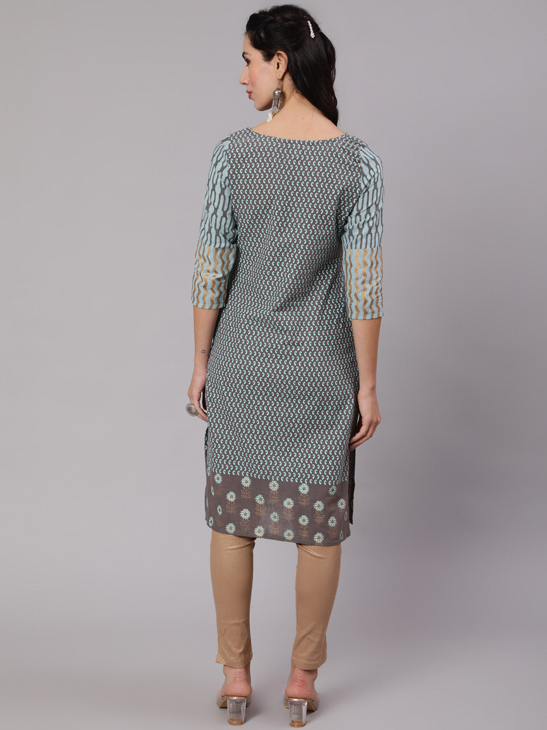 Grey & Blue Printed Kurta - Elganza