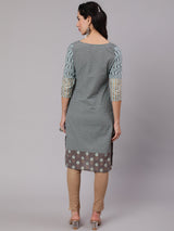 Grey & Blue Printed Kurta - Elganza