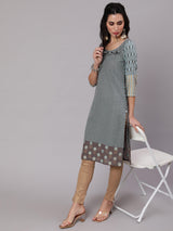 Grey & Blue Printed Kurta - Elganza