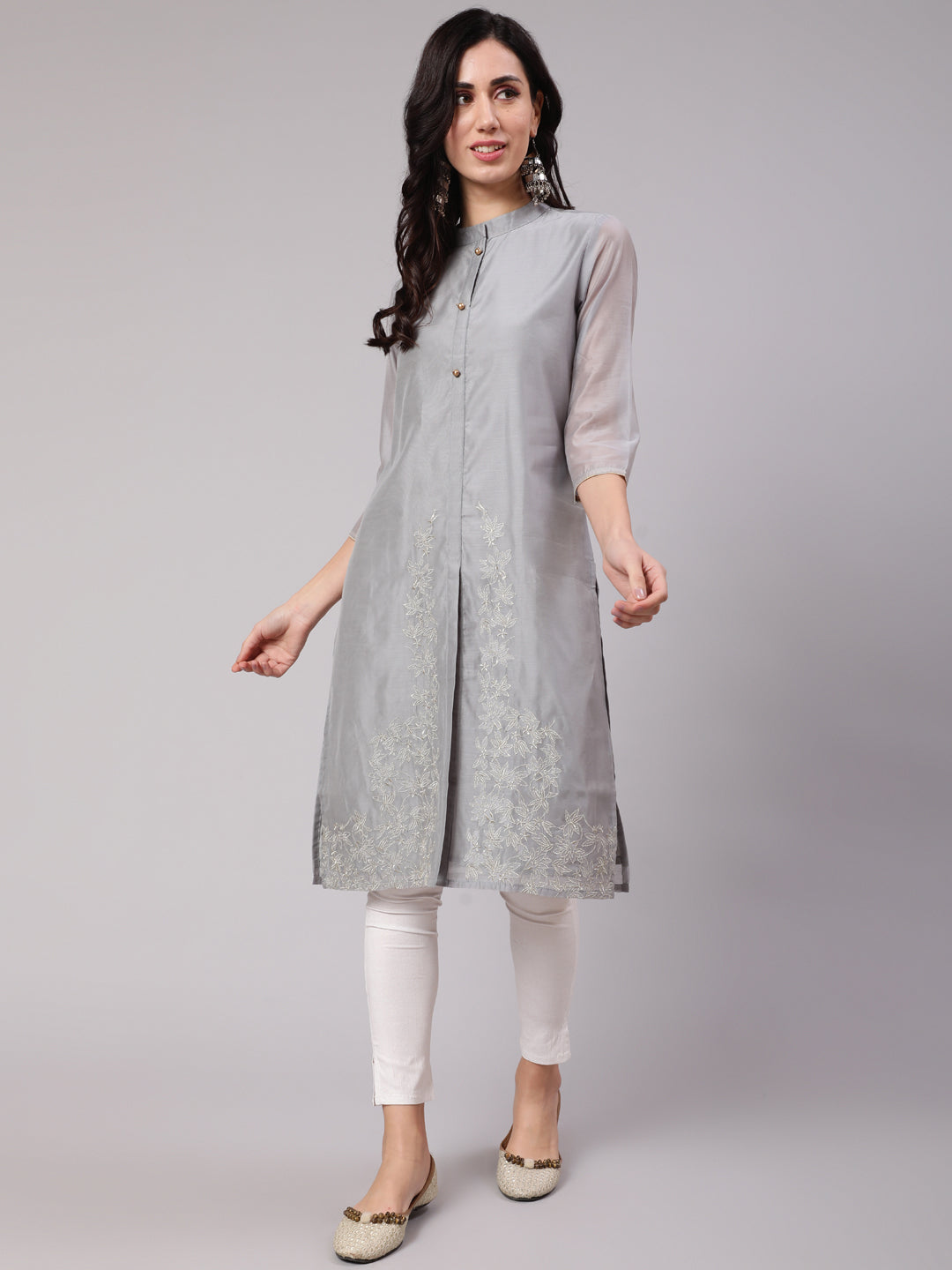 Grey Floral Embroidered Kurta - Elganza