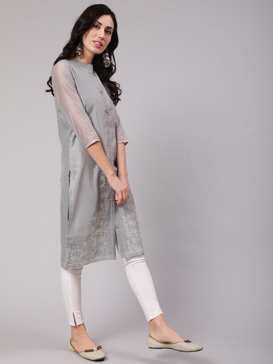 Grey Floral Embroidered Kurta - Elganza