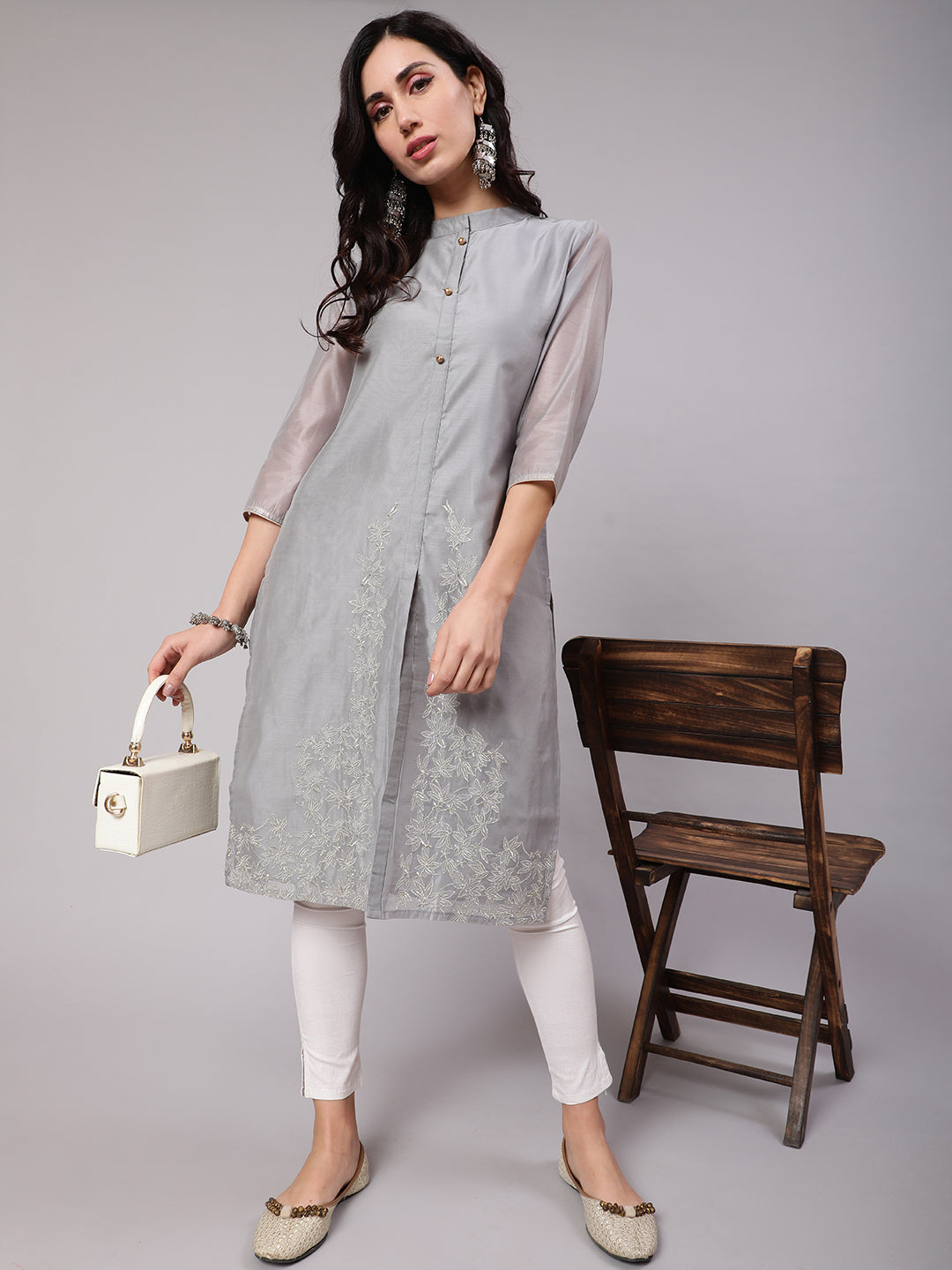 Grey Floral Embroidered Kurta - Elganza