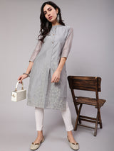 Grey Floral Embroidered Kurta - Elganza