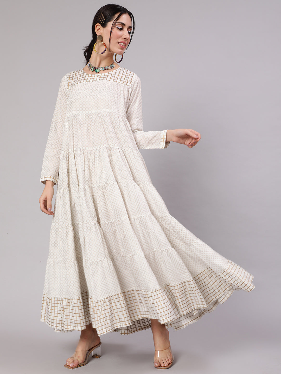 White Gold Print Tiered Maxi Dress - Elganza