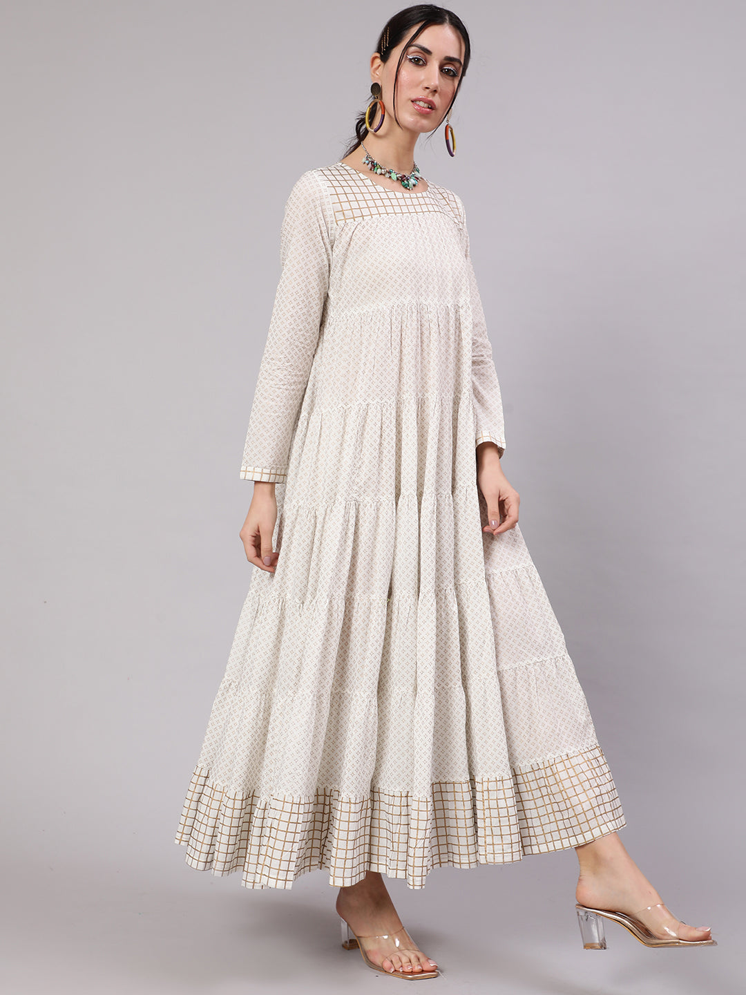 White Gold Print Tiered Maxi Dress - Elganza