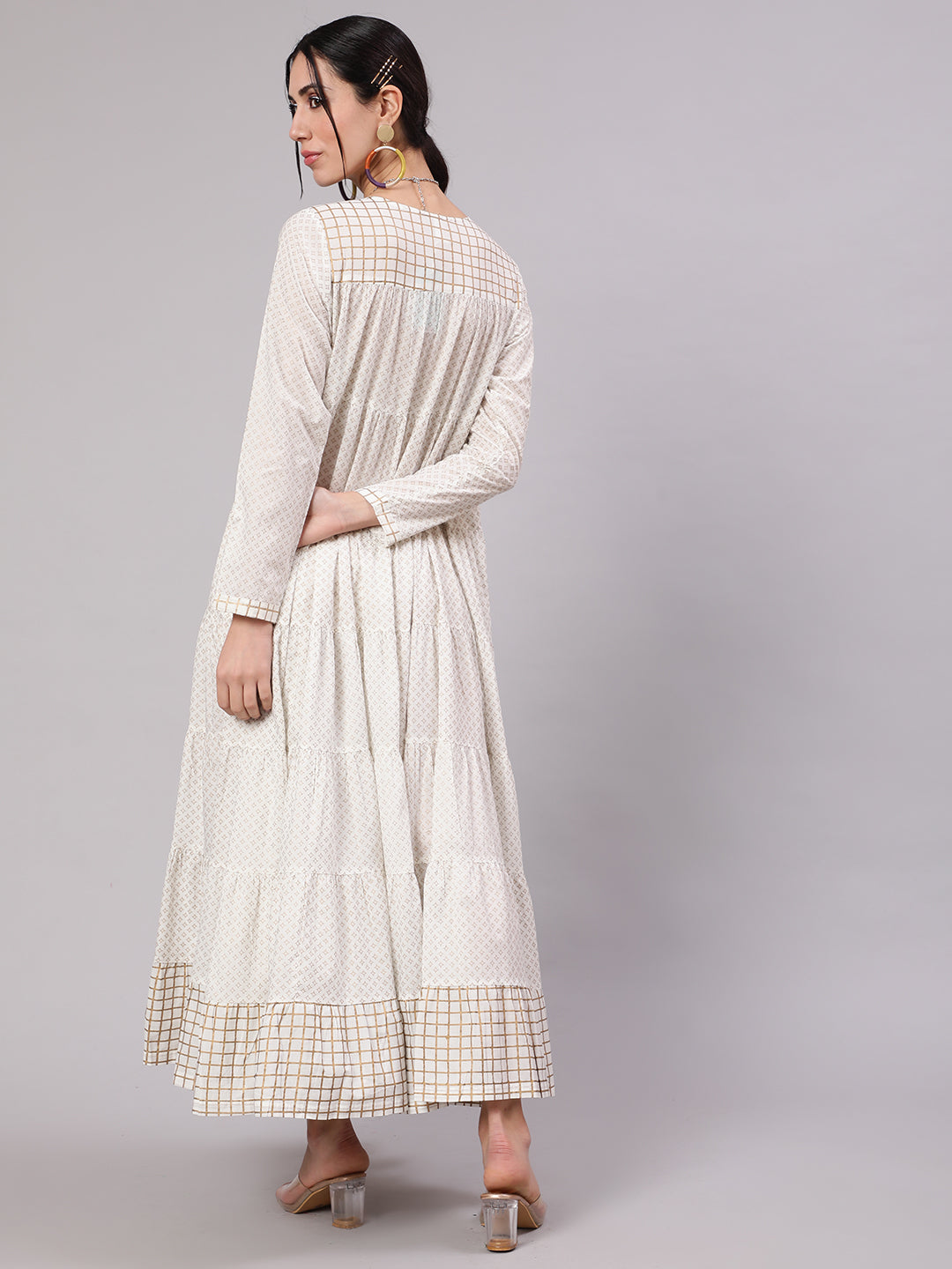 White Gold Print Tiered Maxi Dress - Elganza